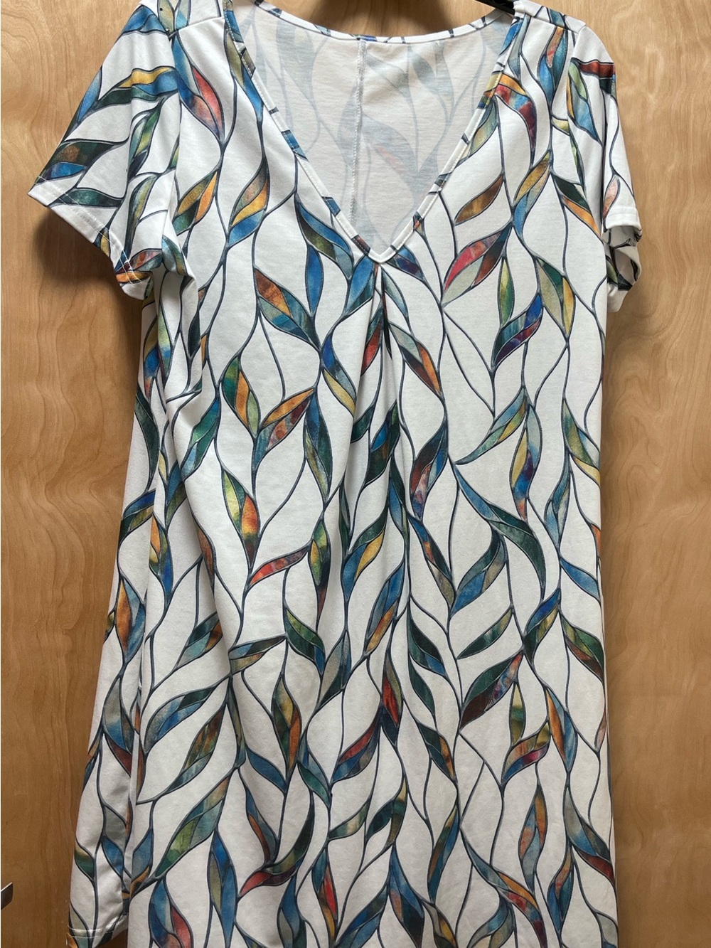 Women's V-Neck Cream Multicolor Leaf Print Knee Length Dress